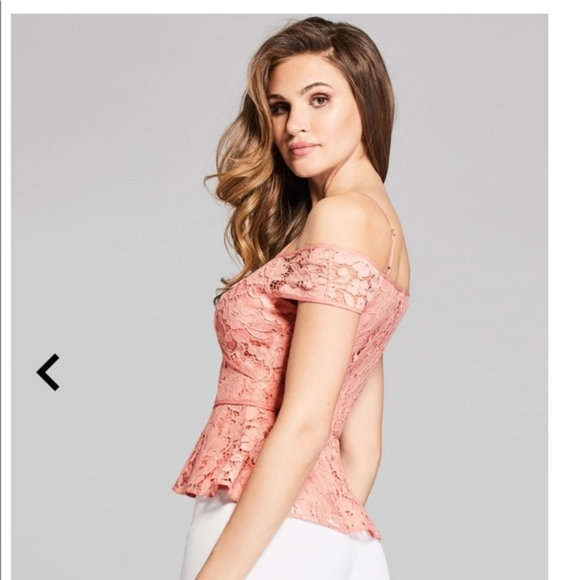 ♡  GUESS Marciano Pink Lace Open Shoulder Short-Sleeve Peplum Top - Size XS, 0 ♡ - Picture 3 of 10